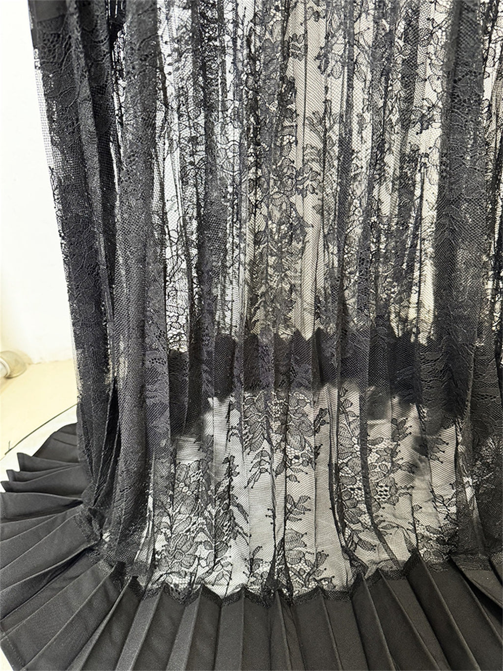 Platlogy Black Lace Patchwork Maxi Dress Bow Collar Long Sleeve Pleated Formal Evening Party Long Dresses