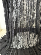 Platlogy Black Lace Patchwork Maxi Dress Bow Collar Long Sleeve Pleated Formal Evening Party Long Dresses