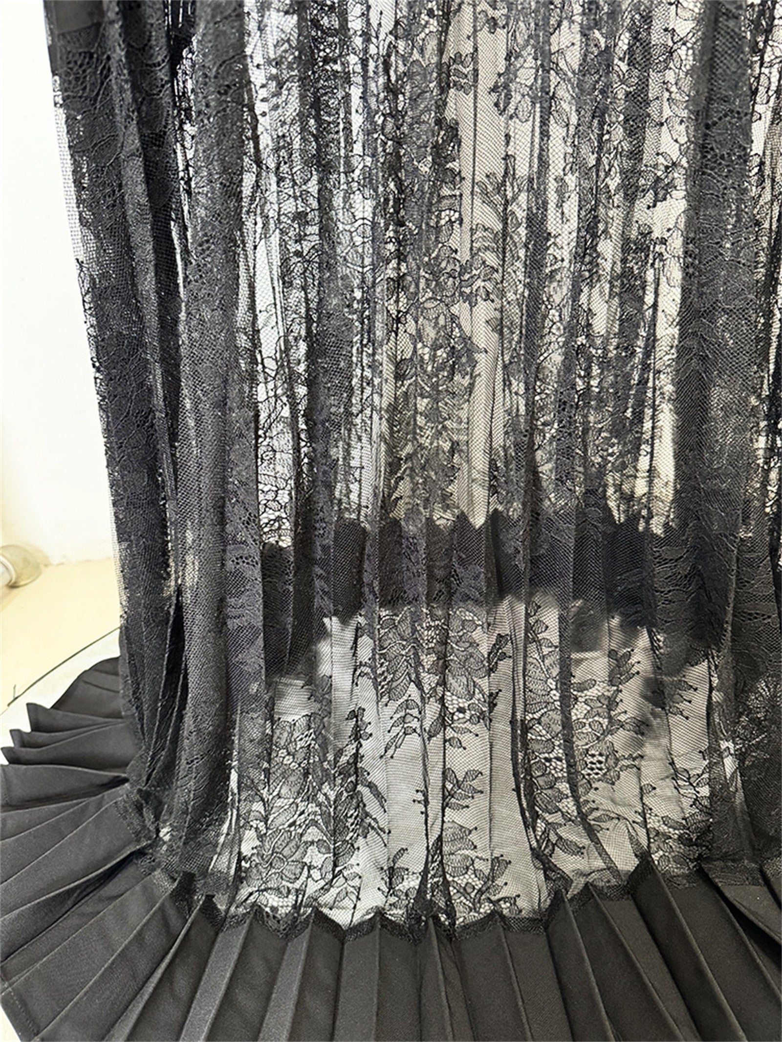 Platlogy Black Lace Patchwork Maxi Dress Bow Collar Long Sleeve Pleated Formal Evening Party Long Dresses