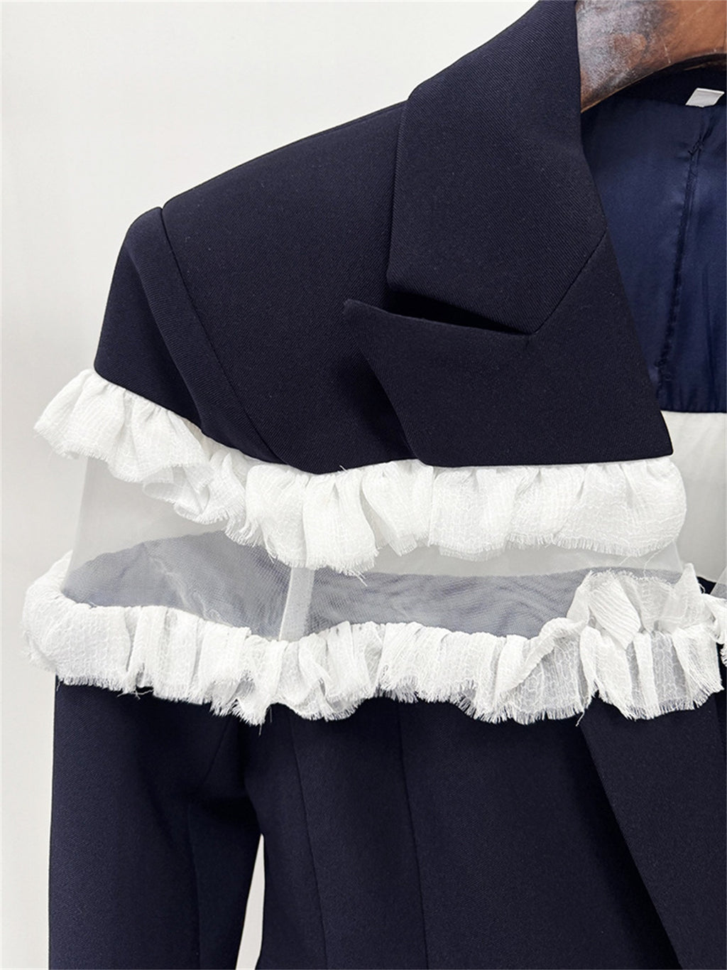 Platlogy Women Navy Ruffled Mesh Patchwork Blazer Pants Set Elegant Formal 2 Piece Suit for Work Party