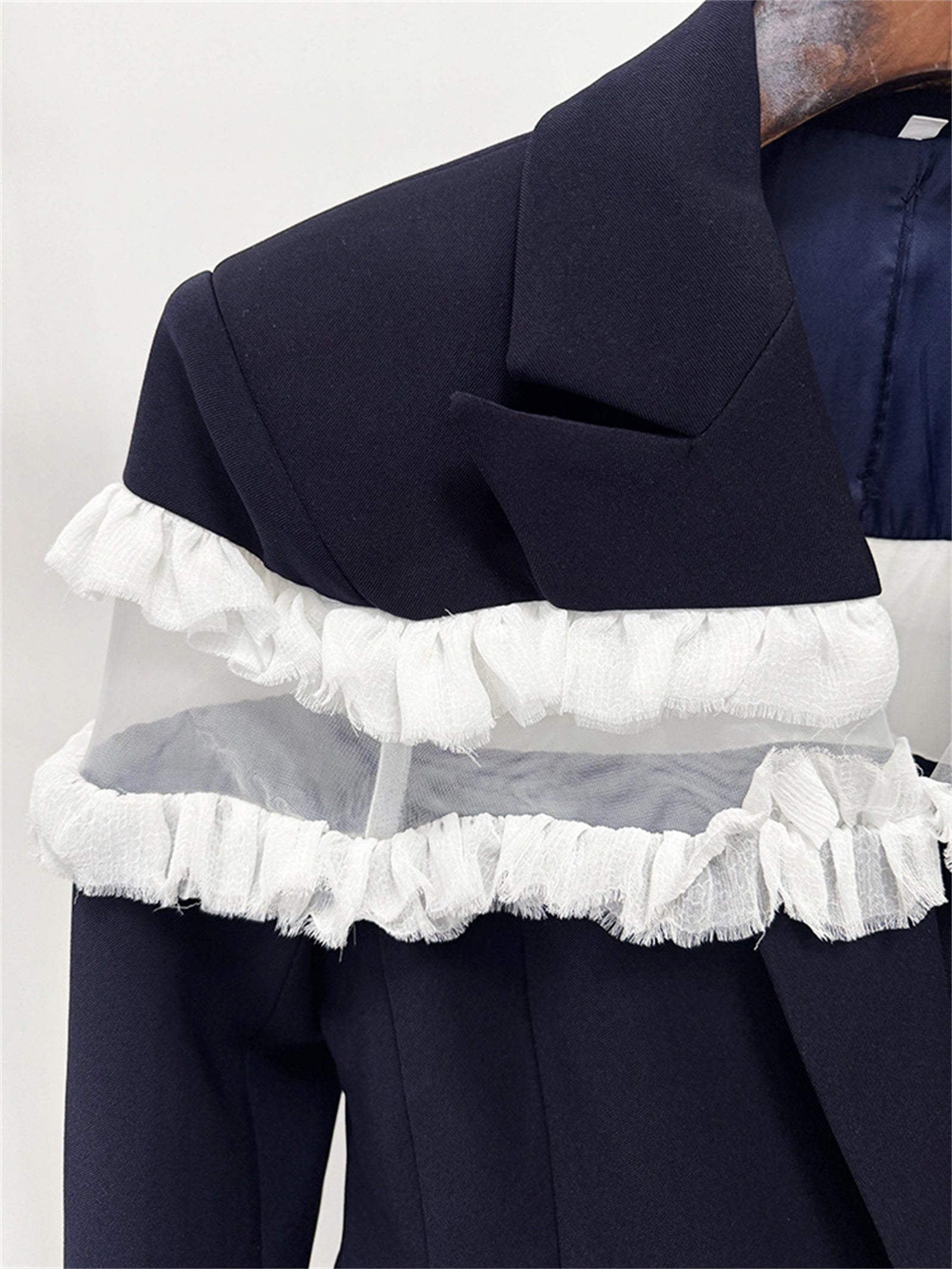 Platlogy Women Navy Ruffled Mesh Patchwork Blazer Pants Set Elegant Formal 2 Piece Suit for Work Party