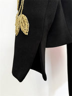Platlogy Elegant Gold Leaf Embroidery Black Two Piece Set Cropped Jacket And Midi Skirt Formal Women Outfit For Office Wedding Party