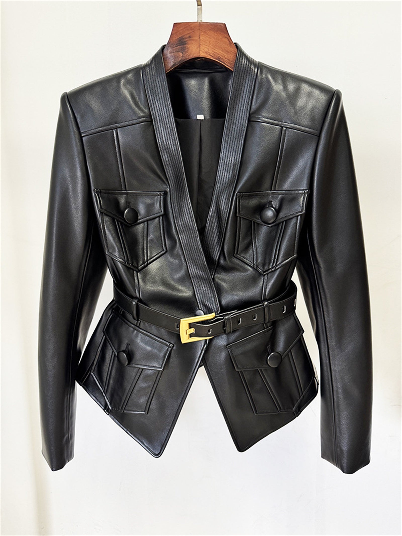 Platlogy Women Slim Fit Belted Leather Blazer Jacket Elegant V Neck Pocket Design Moto Coat for Daily Office Wear