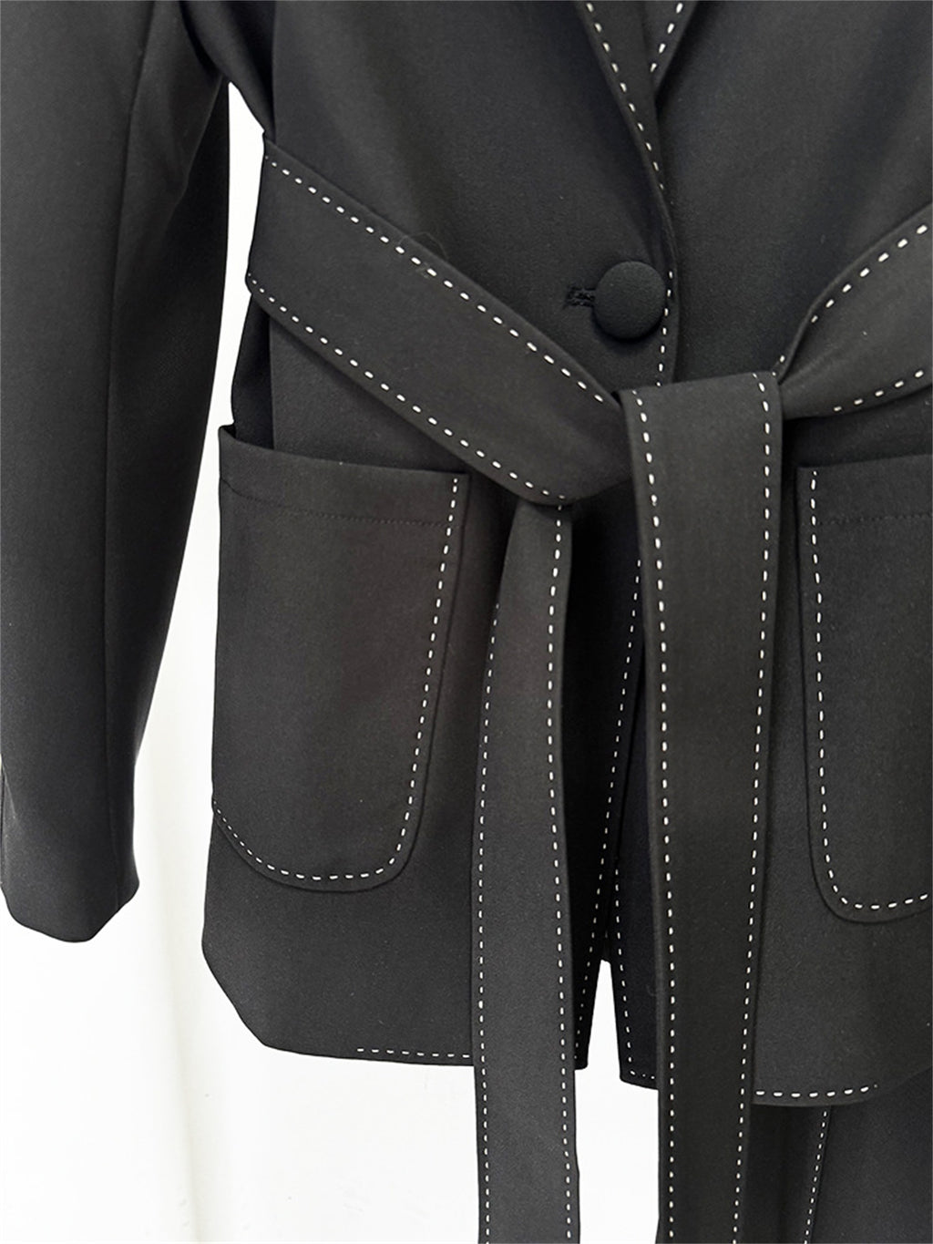 Women Elegant Two Piece Suit Set with Notched Lapel and Waist Tie