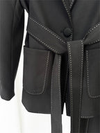 Women Elegant Two Piece Suit Set with Notched Lapel and Waist Tie