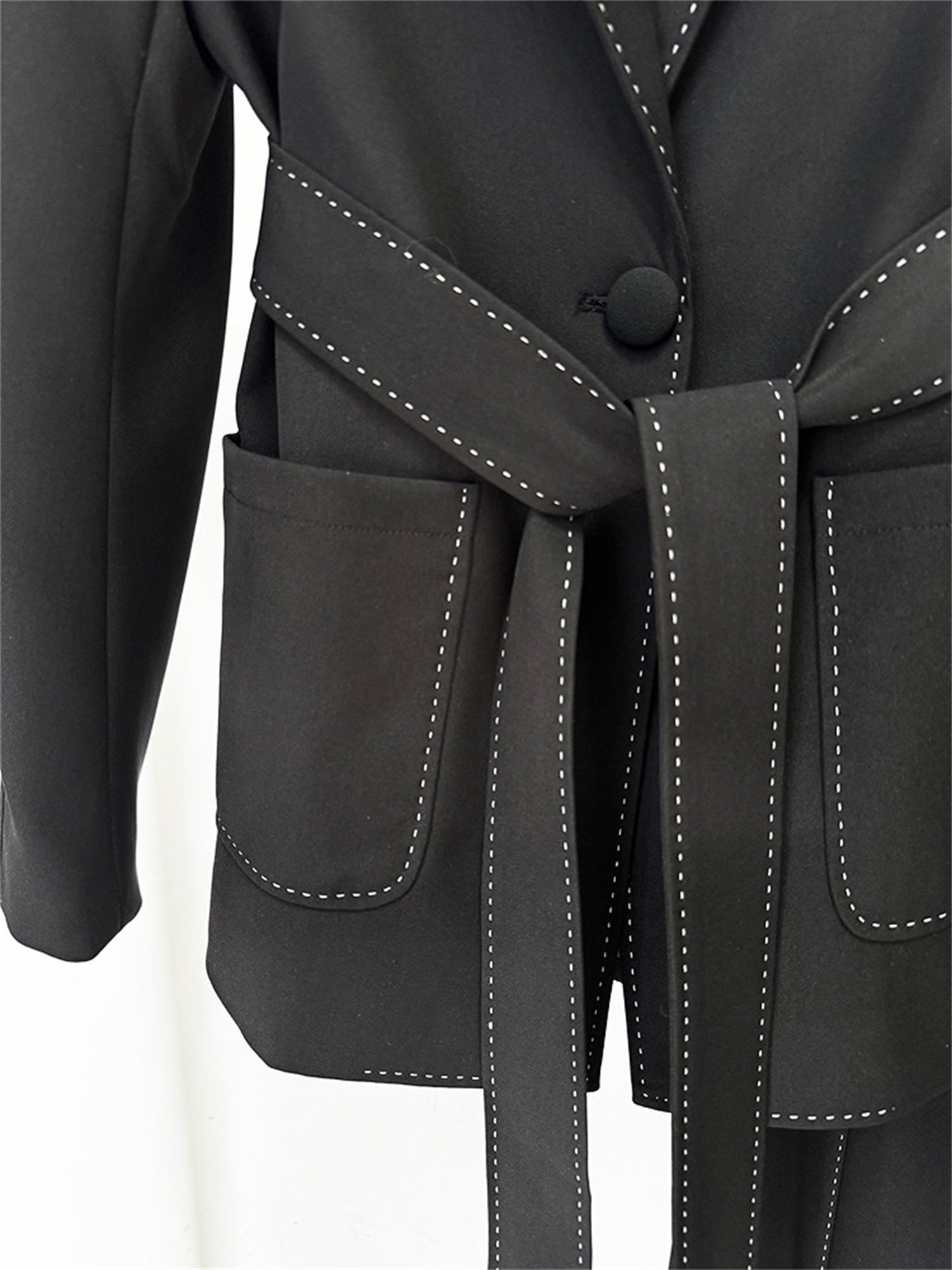 Women Elegant Two Piece Suit Set with Notched Lapel and Waist Tie