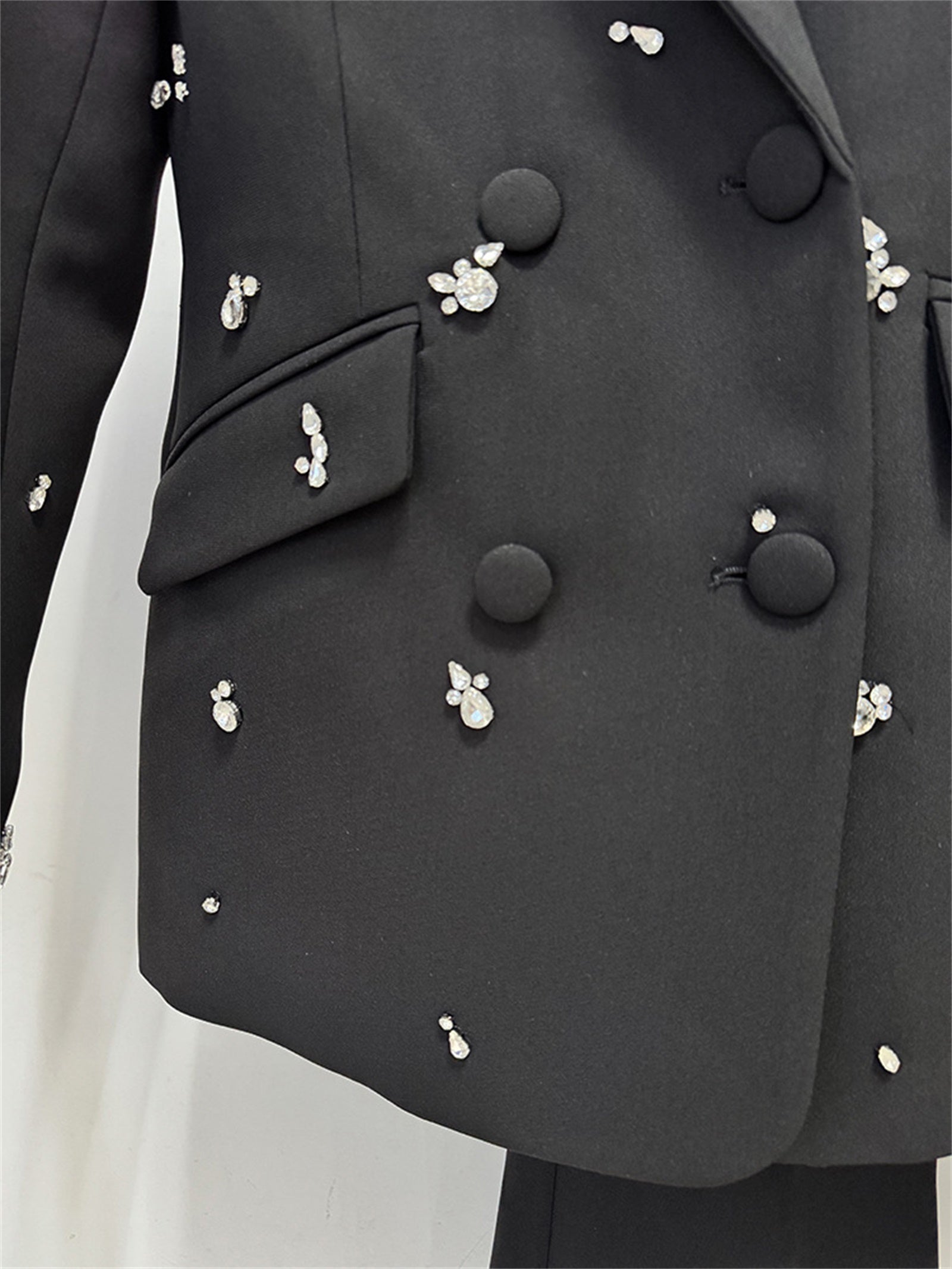 Platlogy Women Elegant Rhinestone Embellished Blazer and Flared Pants Formal Two Piece Suit