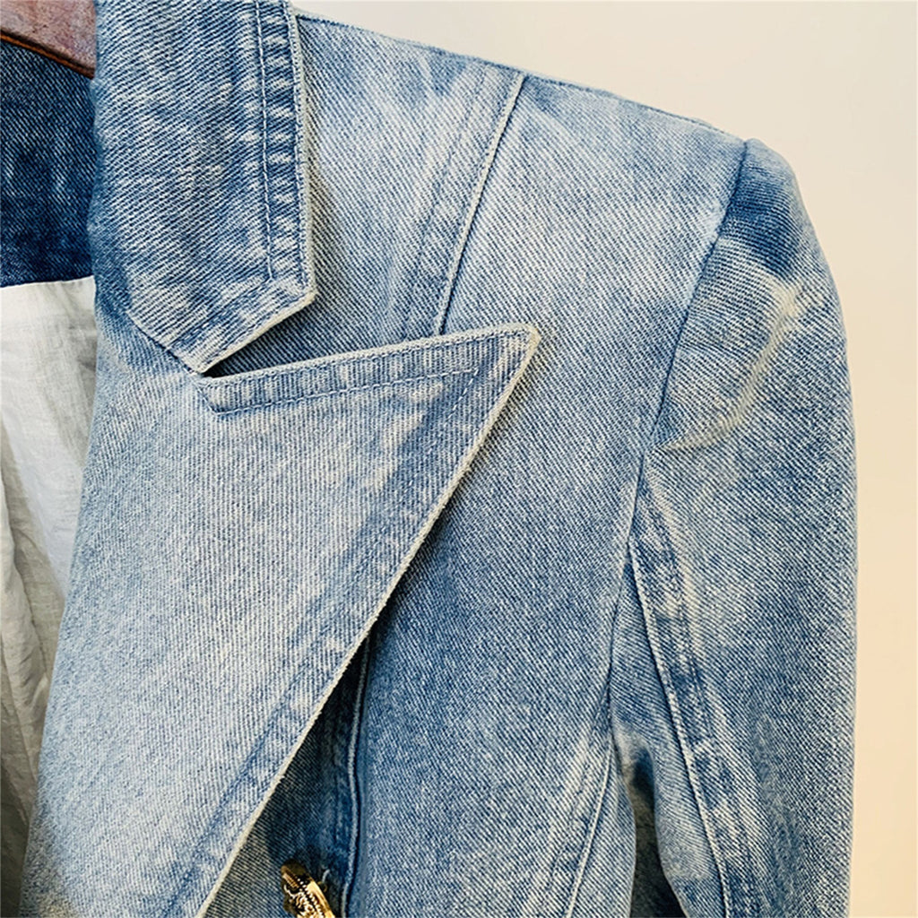 Platlogy Vintage Washed Denim Blazer Women Double Breasted Gold Button Slim Fit Lapel Jean Jacket Casual Business Outerwear