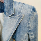 Platlogy Vintage Washed Denim Blazer Women Double Breasted Gold Button Slim Fit Lapel Jean Jacket Casual Business Outerwear