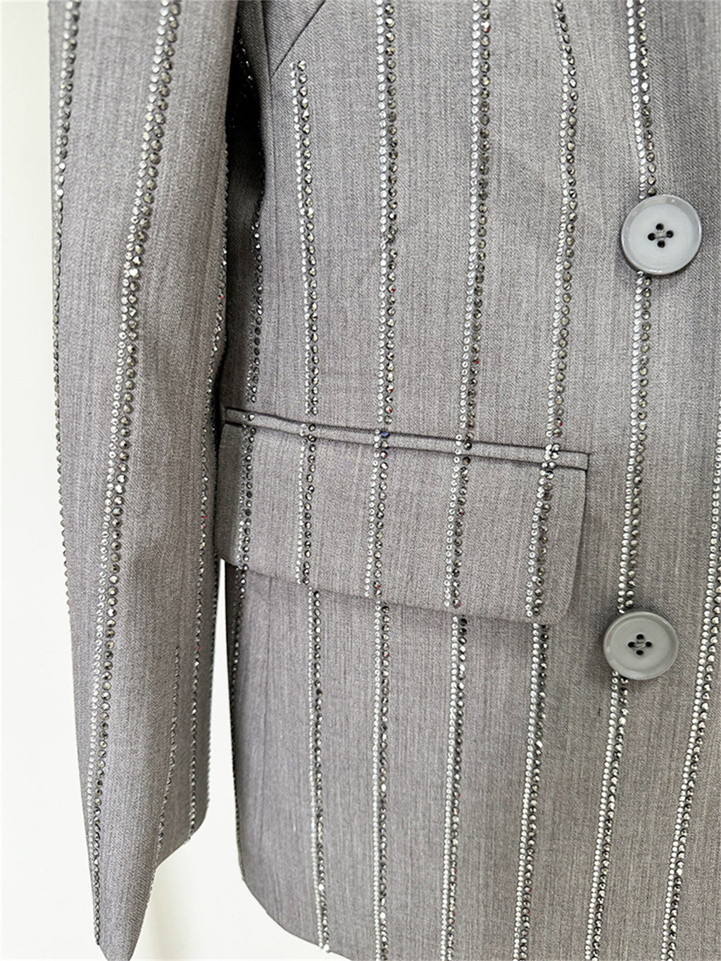 Platlogy Grey Rhinestone Stripe Double Breasted Blazer Pants Set Elegant Women Business Two Piece Suit for Work Party Daily Wear
