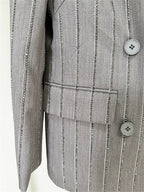 Platlogy Grey Rhinestone Stripe Double Breasted Blazer Pants Set Elegant Women Business Two Piece Suit for Work Party Daily Wear