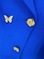 Platlogy Bright Blue Butterfly Button Blazer Wide Leg Pants Two Piece Business Suit Set For Women