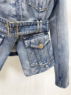 Platlogy V Neck Belted Waist Denim Blazer Women Long Sleeve Pockets Casual Chic Slim Fit Denim Jacket