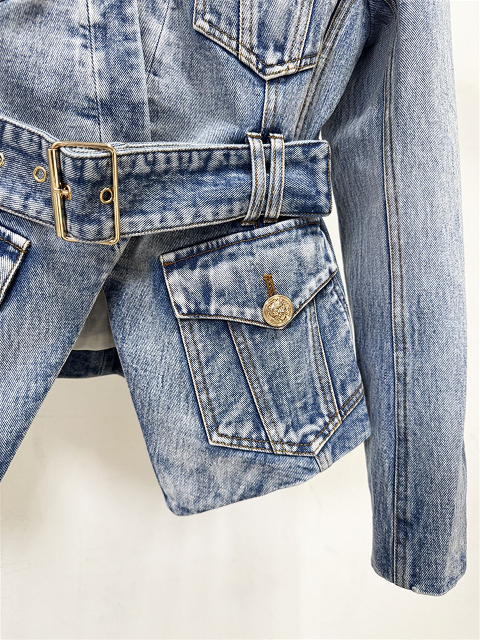 Platlogy V Neck Belted Waist Denim Blazer Women Long Sleeve Pockets Casual Chic Slim Fit Denim Jacket