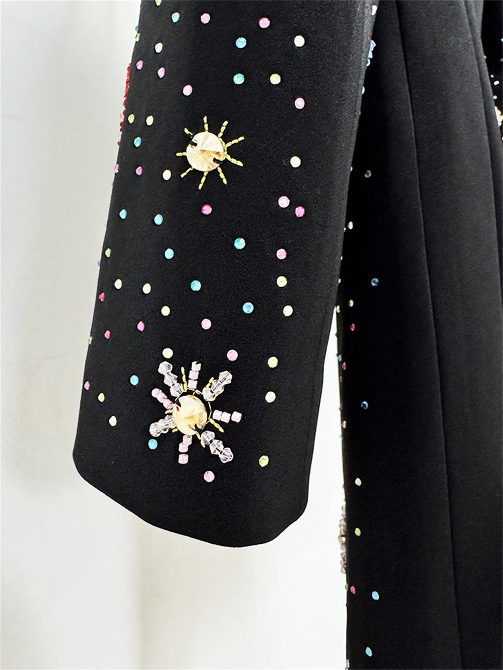 Platlogy Black Stand Collar Long Sleeve Mini Dress Heavy Star Rhinestone Embellished Elegant Party Cocktail Dress