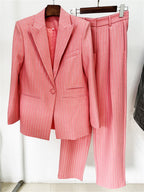 Platlogy Sparkle Vertical Stripe Women Two Piece Blazer And Trouser Suit Formal Business Office Outfit