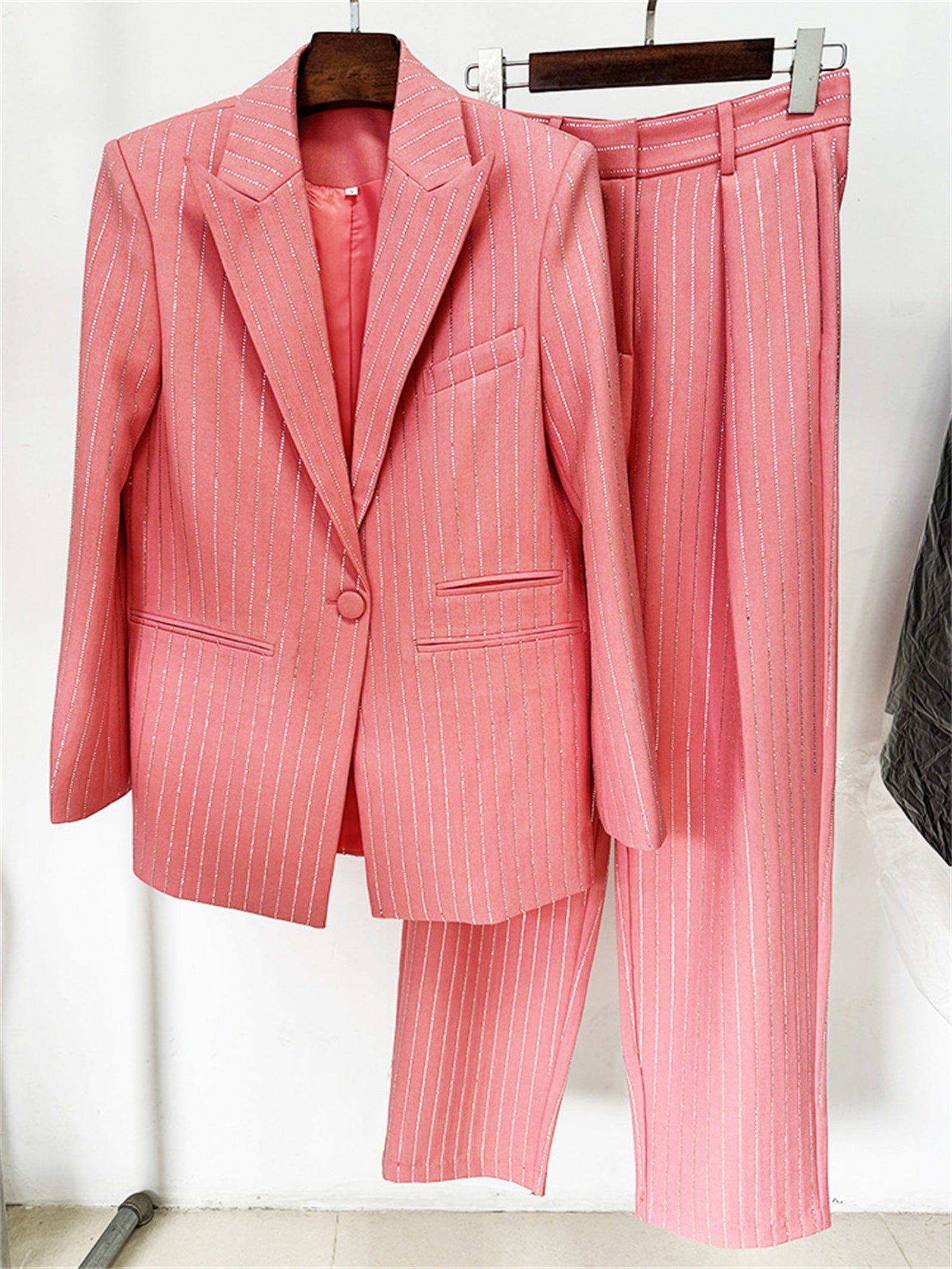 Platlogy Sparkle Vertical Stripe Women Two Piece Blazer And Trouser Suit Formal Business Office Outfit