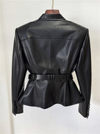 Platlogy Women Slim Fit Belted Leather Blazer Jacket Elegant V Neck Pocket Design Moto Coat for Daily Office Wear