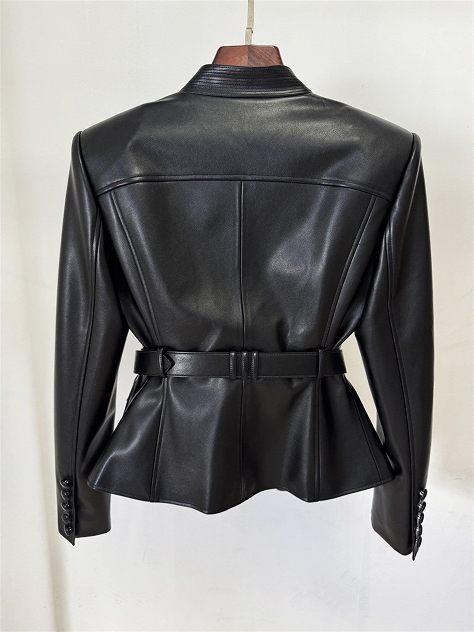 Platlogy Women Slim Fit Belted Leather Blazer Jacket Elegant V Neck Pocket Design Moto Coat for Daily Office Wear