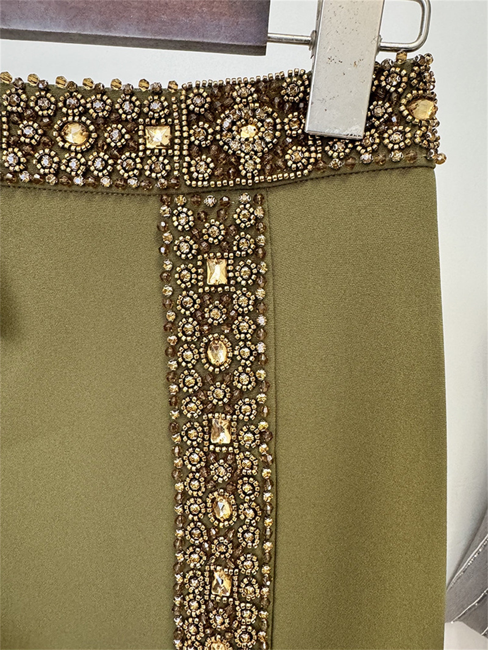 Platlogy Olive Green Handmade Beaded Halter Crop Top Split Long Skirt Two Piece Formal Party Set