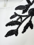 Platlogy Elegant White Long Sleeve Maxi Evening Dress Black Beaded Floral Embroidery Side Slit Formal Party Gown