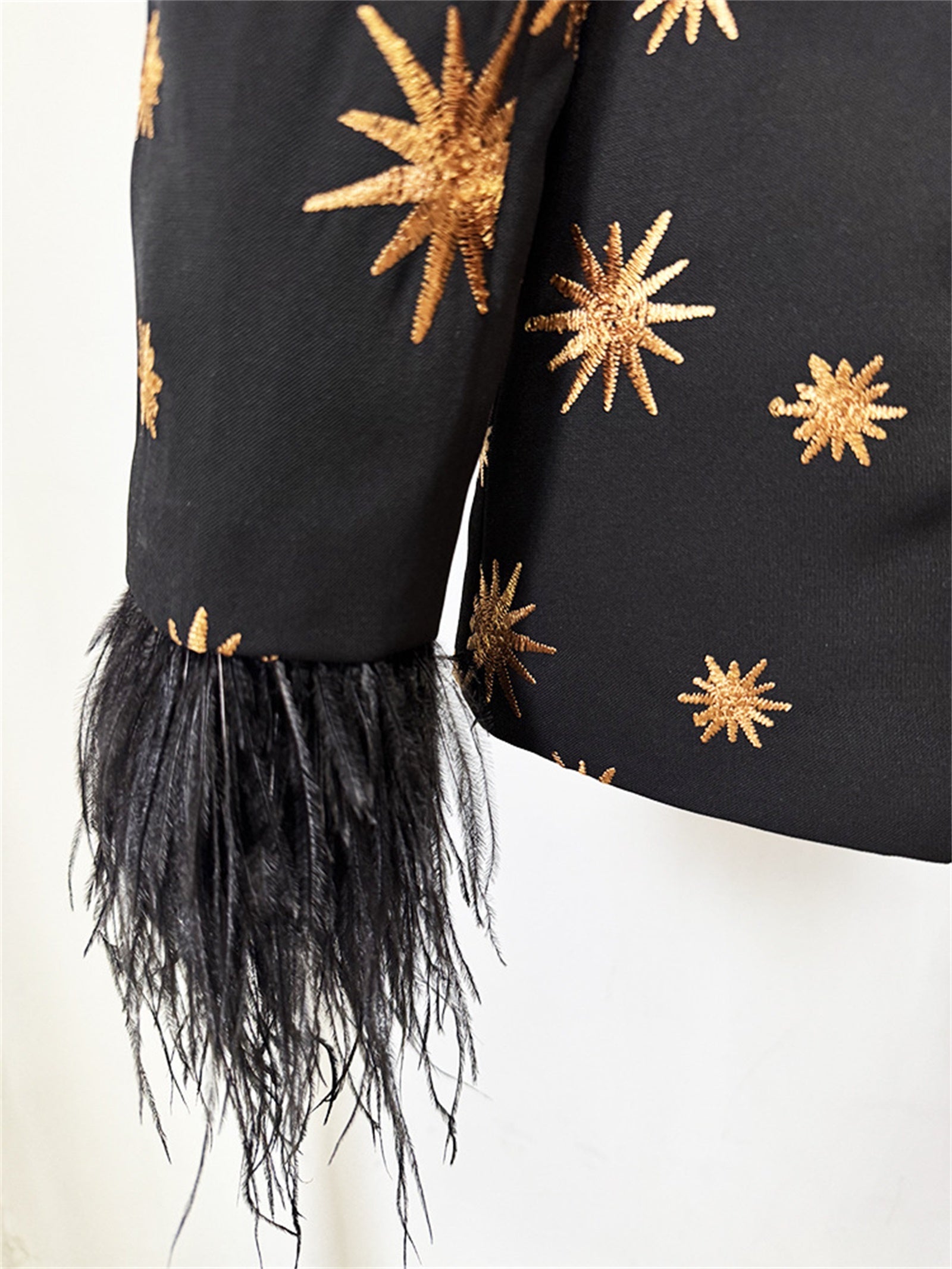 Platlogy Black Golden Star Embroidery Feather Cuff Blazer Flared Pants Two Piece Formal Suit For Women Luxury Evening Party Matching Outfit