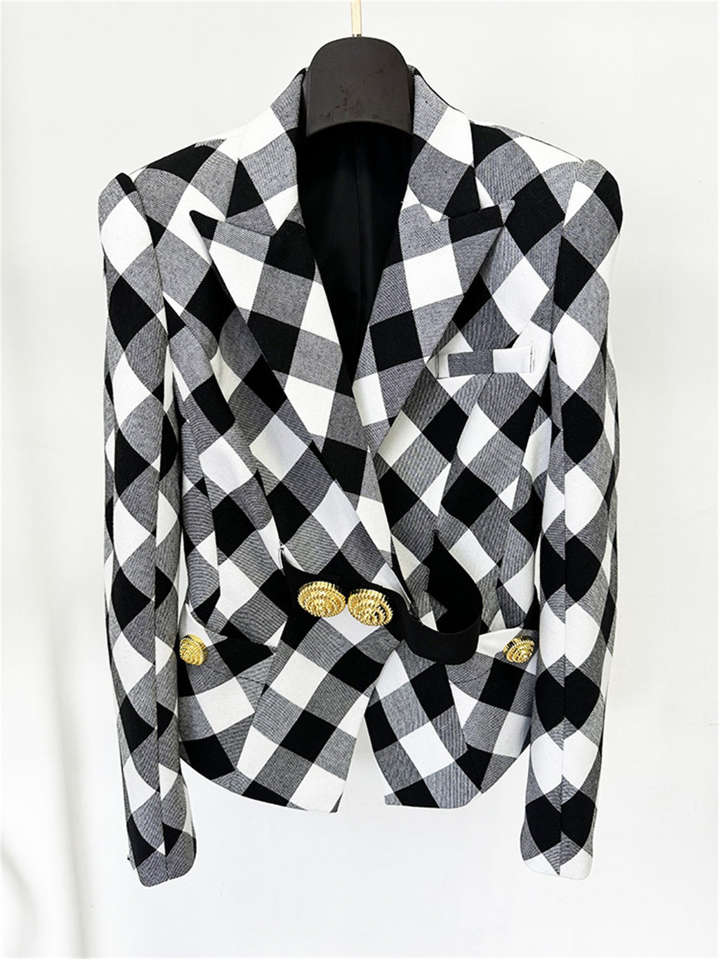 Platlogy Women Stylish Diamond Plaid Gold Button Tailored Blazer Elegant Office Casual Outerwear