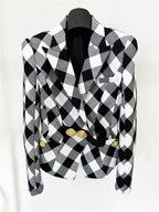 Platlogy Women Stylish Diamond Plaid Gold Button Tailored Blazer Elegant Office Casual Outerwear