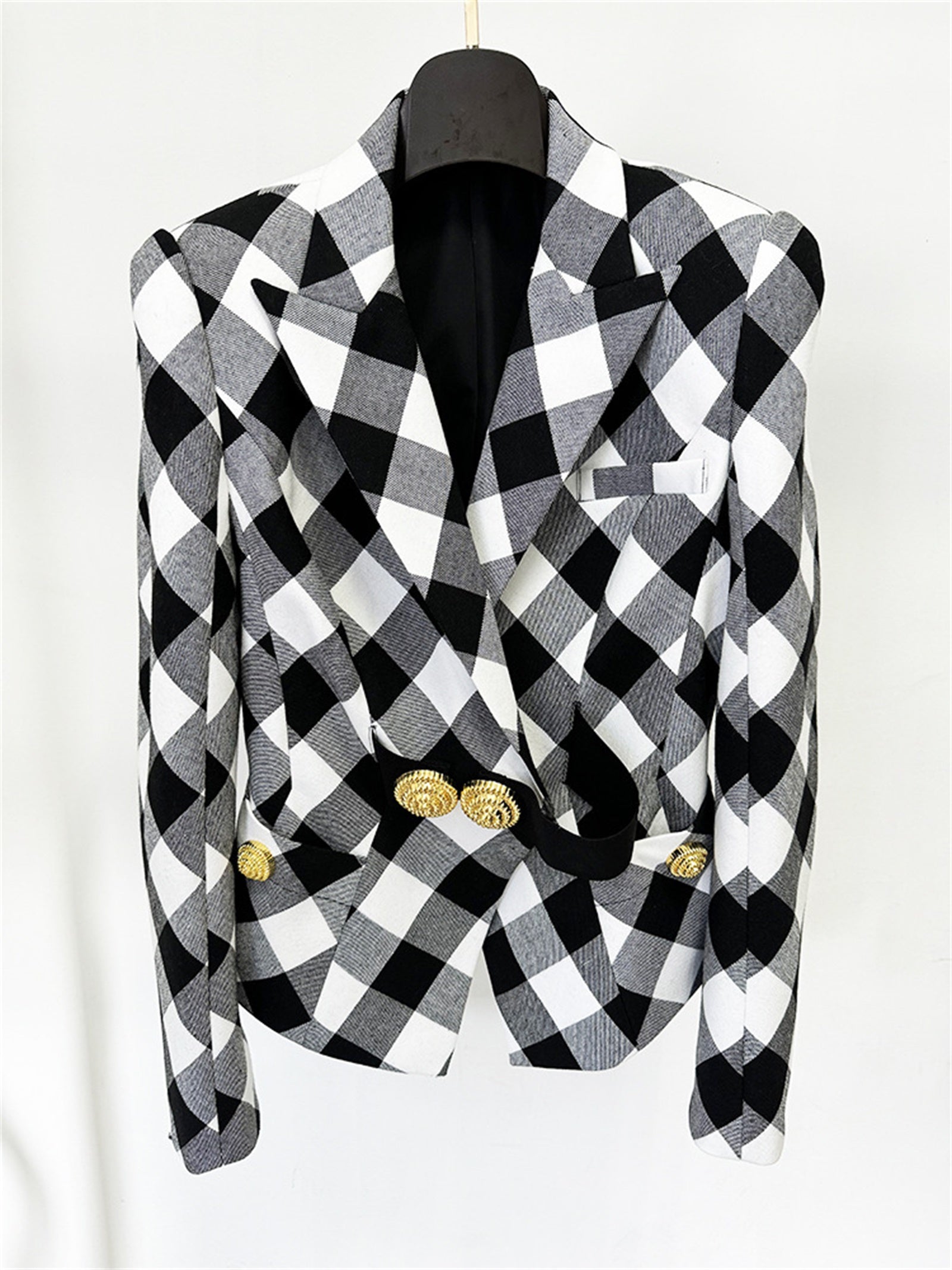 Platlogy Women Stylish Diamond Plaid Gold Button Tailored Blazer Elegant Office Casual Outerwear