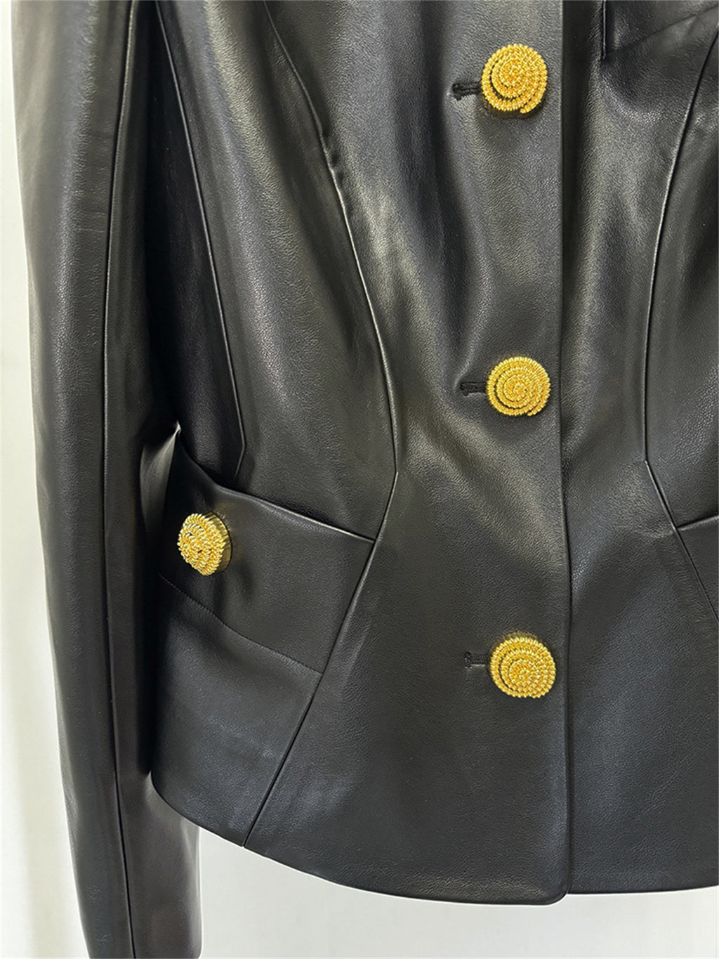 Platlogy Women Round Neck Gold Button Slim Faux Leather Cropped Jacket Elegant Formal Daily Outerwear