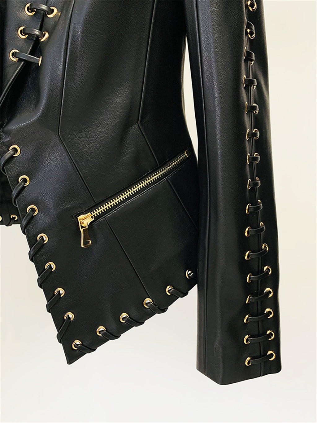 Platlogy Black Lace Up Detailed Fitted Leather Blazer Women Cropped Long Sleeve Formal Party Leather Jacket