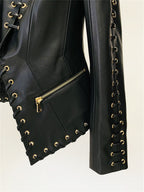 Platlogy Black Lace Up Detailed Fitted Leather Blazer Women Cropped Long Sleeve Formal Party Leather Jacket