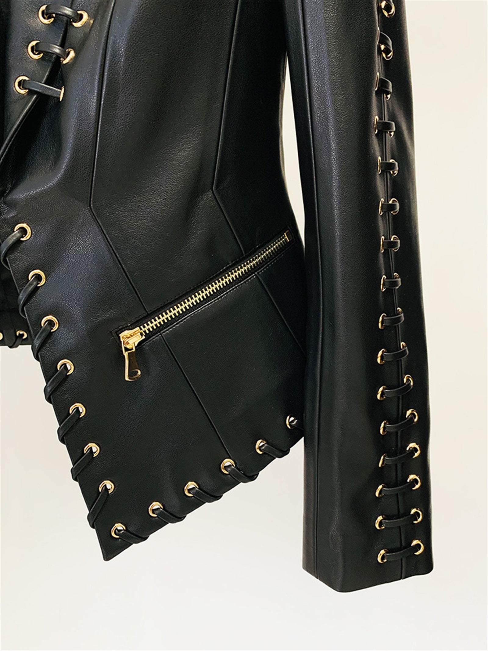 Platlogy Black Lace Up Detailed Fitted Leather Blazer Women Cropped Long Sleeve Formal Party Leather Jacket