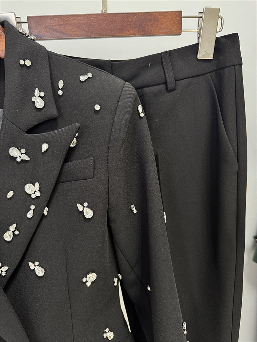 Platlogy Women Elegant Rhinestone Embellished Blazer and Flared Pants Formal Two Piece Suit
