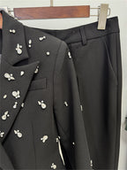 Platlogy Women Elegant Rhinestone Embellished Blazer and Flared Pants Formal Two Piece Suit