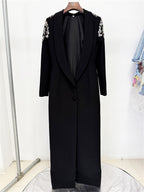 Platlogy Luxury Rhinestone Embellished Lapel Long Sleeve Maxi Dress Elegant Black Formal Evening Bodycon Dress