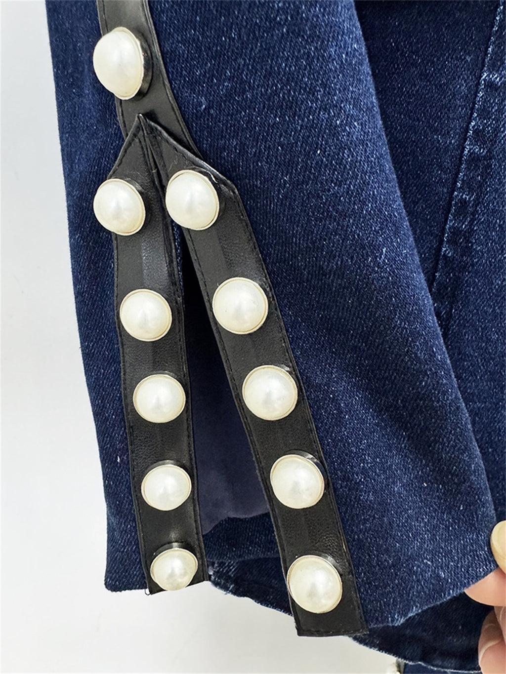 Platlogy Women Pearl Embellished Denim Blazer And Straight Pants Two Piece Suit Formal Casual Matching Outfit