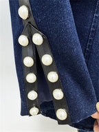 Platlogy Women Pearl Embellished Denim Blazer And Straight Pants Two Piece Suit Formal Casual Matching Outfit