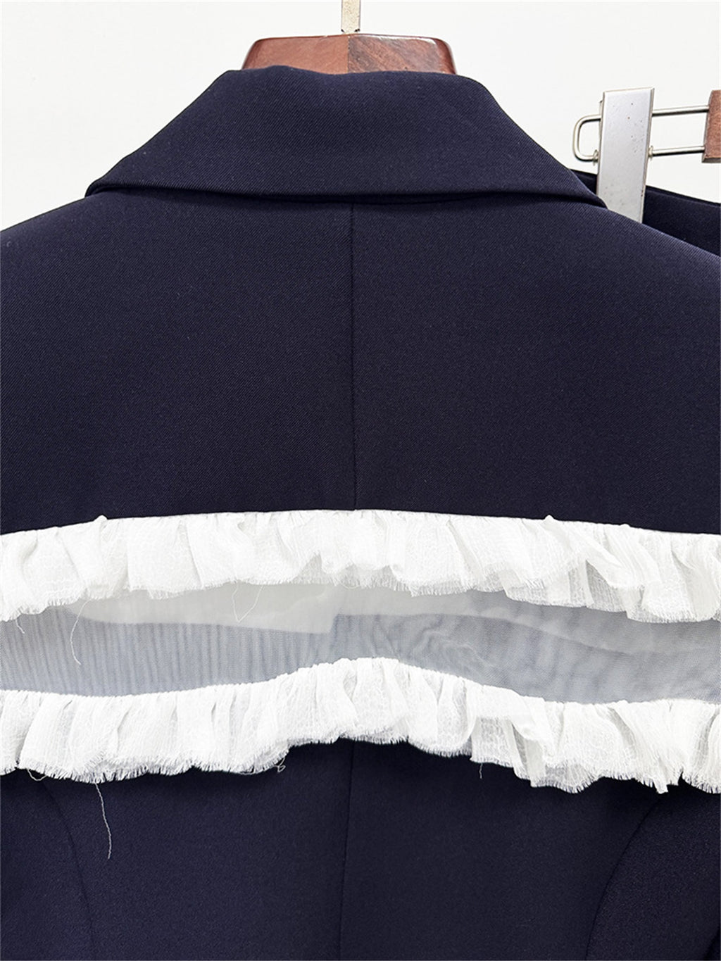 Platlogy Women Navy Ruffled Mesh Patchwork Blazer Pants Set Elegant Formal 2 Piece Suit for Work Party