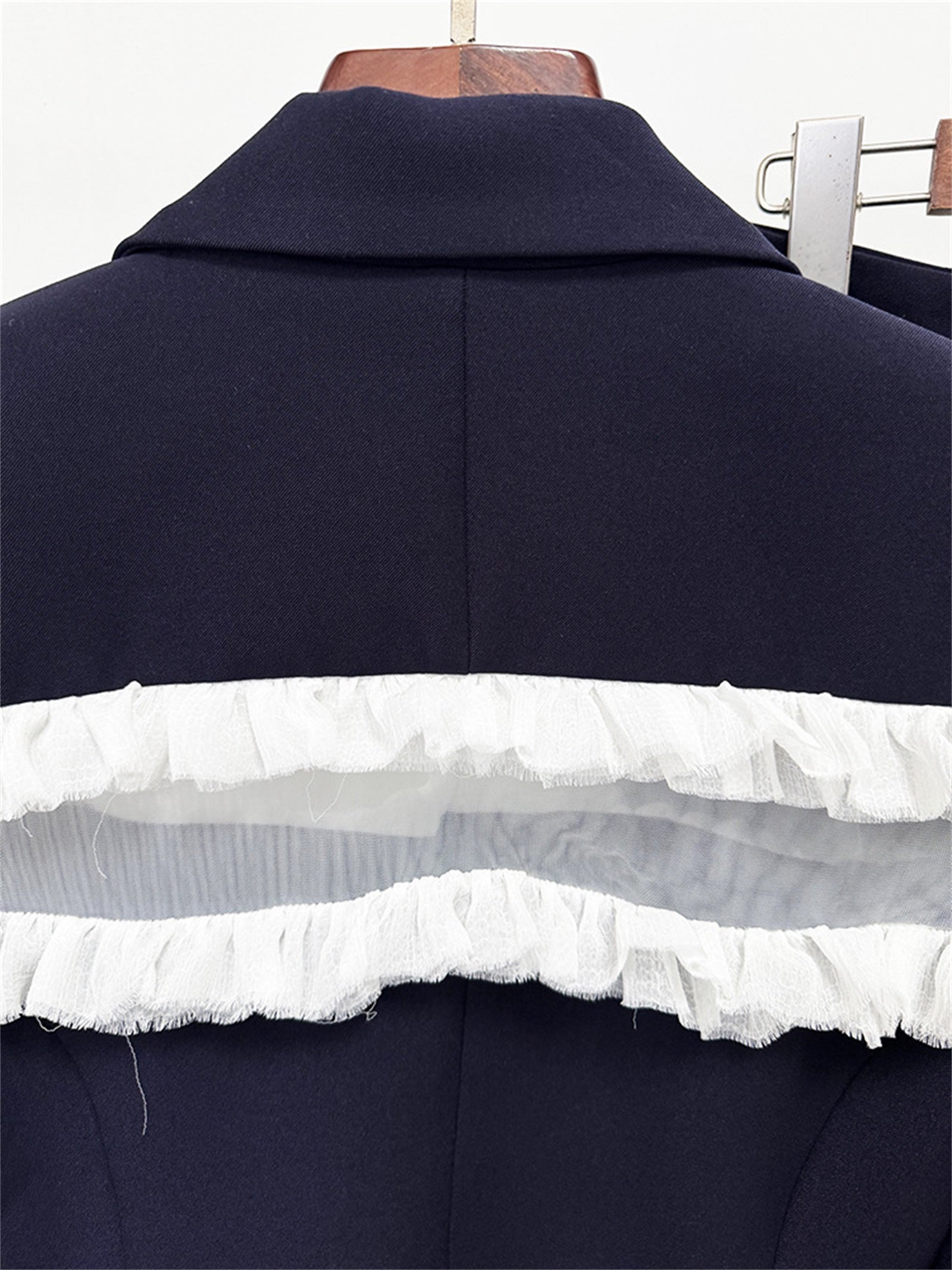 Platlogy Women Navy Ruffled Mesh Patchwork Blazer Pants Set Elegant Formal 2 Piece Suit for Work Party