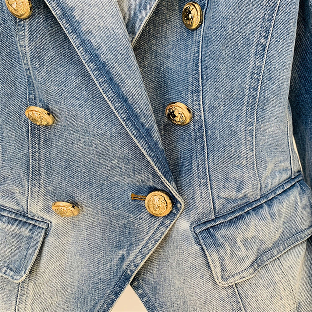 Platlogy Vintage Washed Denim Blazer Women Double Breasted Gold Button Slim Fit Lapel Jean Jacket Casual Business Outerwear