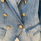 Platlogy Vintage Washed Denim Blazer Women Double Breasted Gold Button Slim Fit Lapel Jean Jacket Casual Business Outerwear