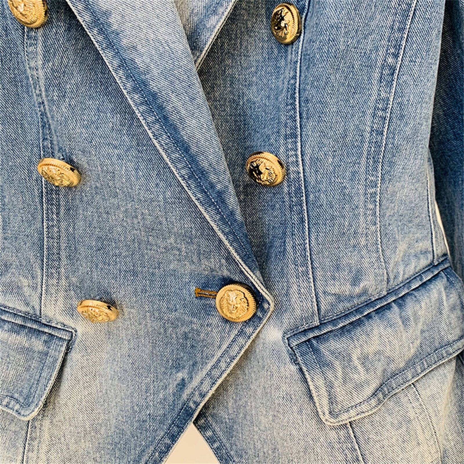 Platlogy Vintage Washed Denim Blazer Women Double Breasted Gold Button Slim Fit Lapel Jean Jacket Casual Business Outerwear