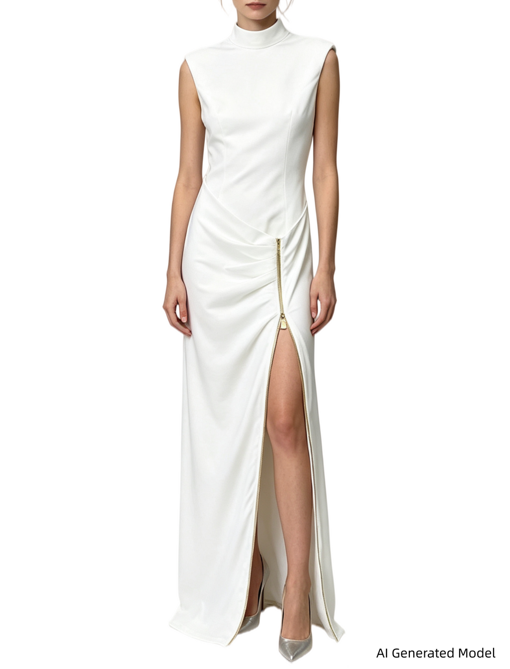 Platlogy Red Sleeveless Mock Neck Maxi Dress With Side Zipper Ruched Bodycon Party Long Dress