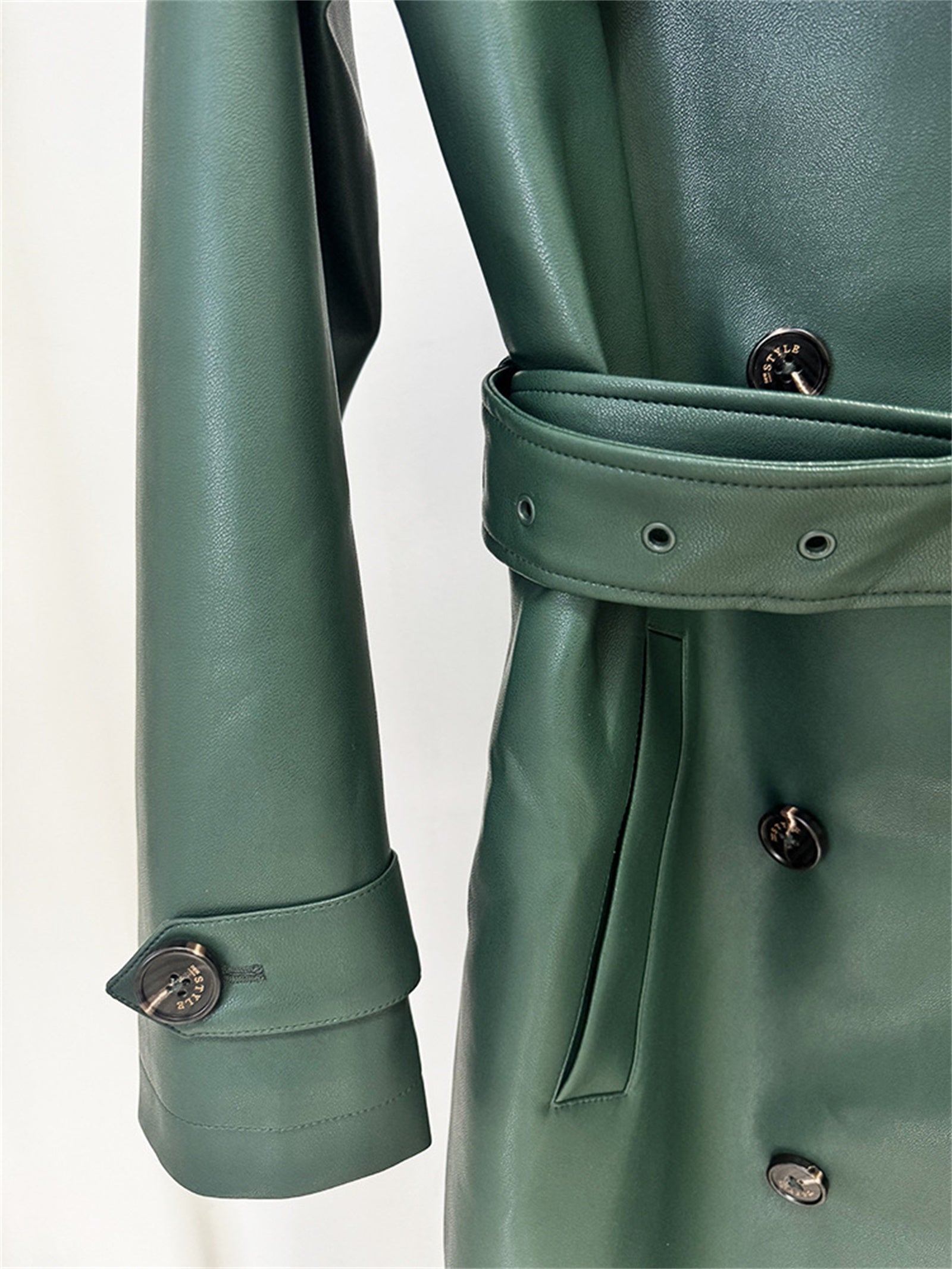 Platlogy Emerald Green Double Breasted Belted Long Leather Trench Coat For Women Elegant Fall Winter Outerwear