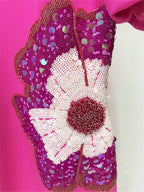 Platlogy Fuchsia Puff Sleeve Midi Dress Hand Beaded Floral Bodycon Formal Party Dress For Women