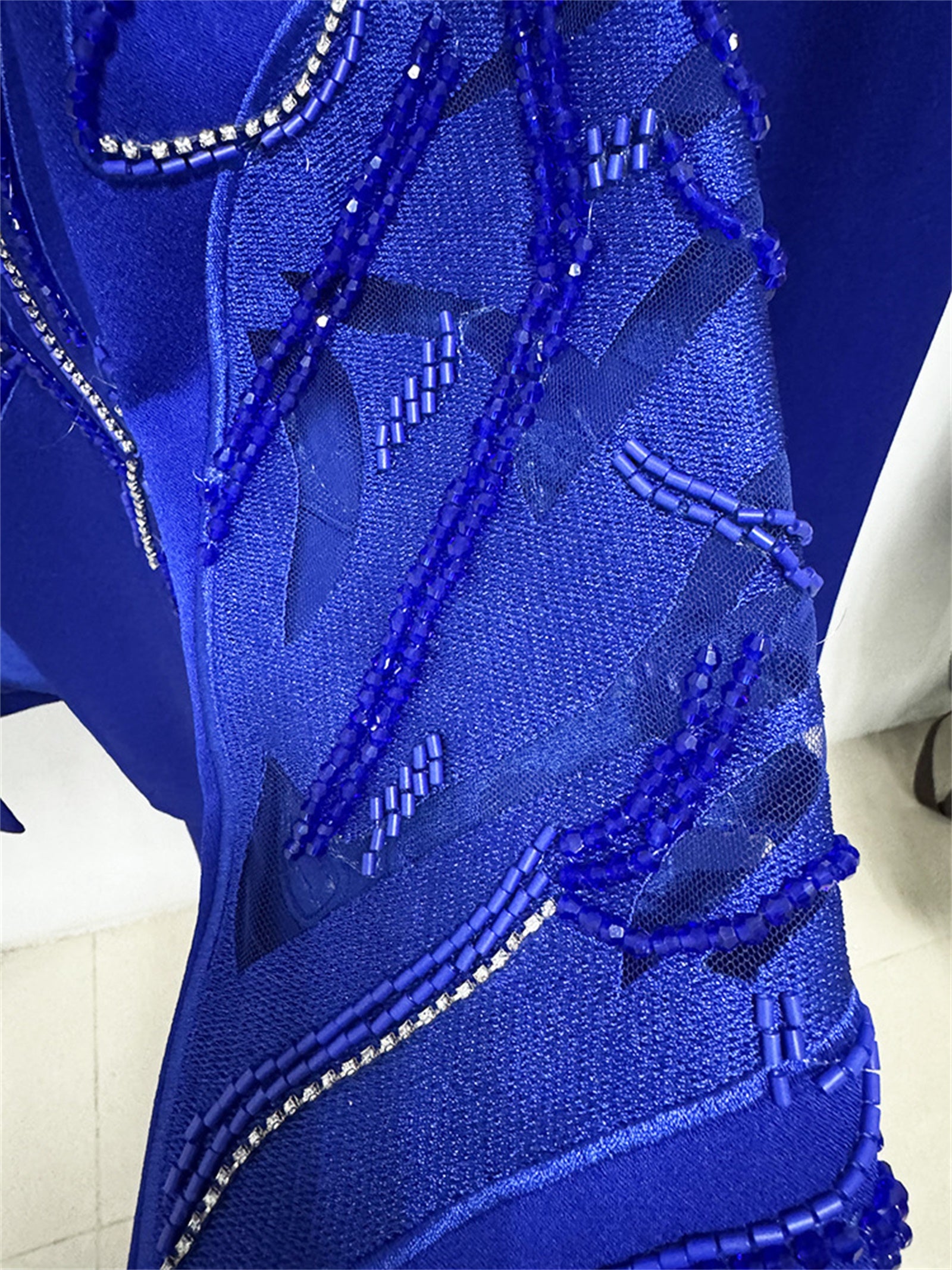 Platlogy Royal Blue Hand Beaded Blazer Wide Leg Pants Two Piece Formal Suit For Women Elegant Business Party Matching Outfit