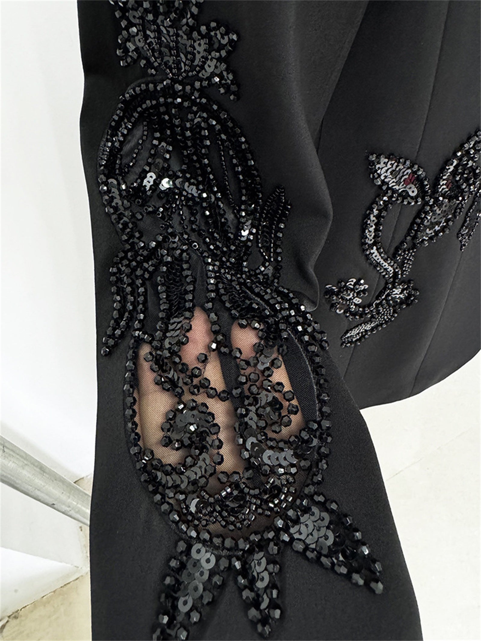 Platlogy Elegant Rhinestone Cutout Back Blazer Sheer Mesh Wide Leg Pants Formal Two Piece Women Suit