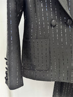 Platlogy Sparkly Striped Double Breasted Blazer and Flared Pants Two Piece Formal Suit Set for Women Elegant Business Party Outfit