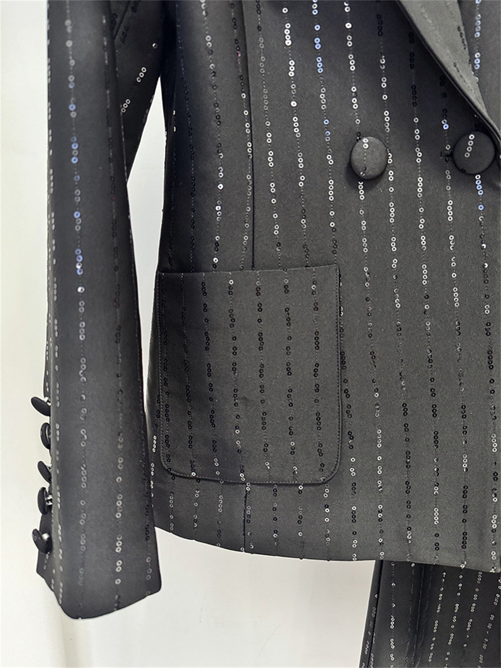 Platlogy Sparkly Striped Double Breasted Blazer and Flared Pants Two Piece Formal Suit Set for Women Elegant Business Party Outfit